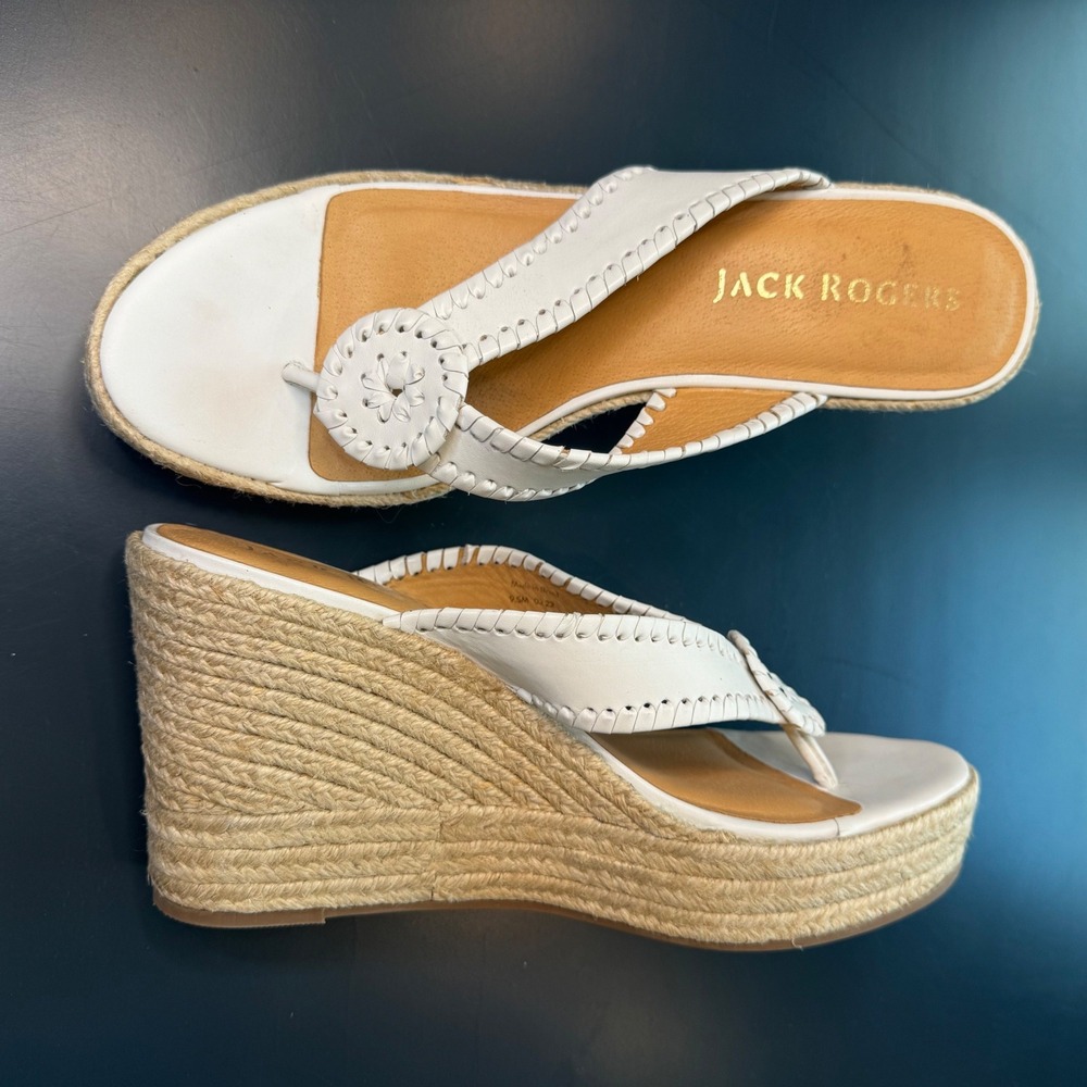 Jack Rogers Jacks Women 9.5 M White Leather Espadrille Wedge Heel Sandals Brazil
